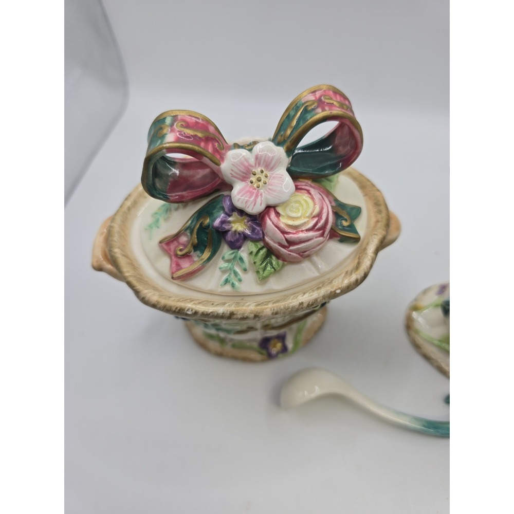 FITZ AND FLOYD Woodland Spring Sugar Bowl & Creamer Set w/lid & spoon - Picture 2 of 13
